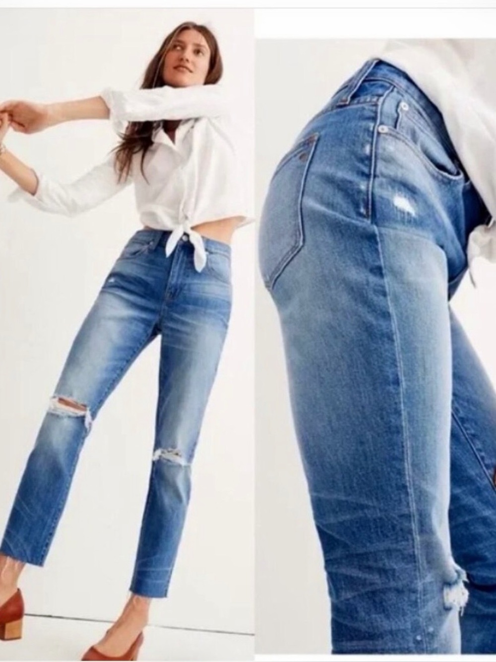 Madewell The High-Rise Slim Crop Boyjean: Knee-Rip Edition Jeans in Blue